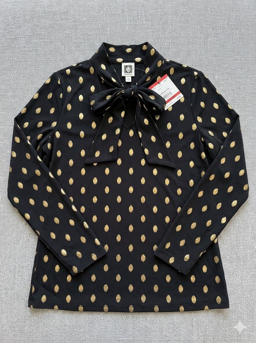 NWT Anne Klein Black Gold Metallic Foil Polka Dot Bow Neck Blouse Top Size XS